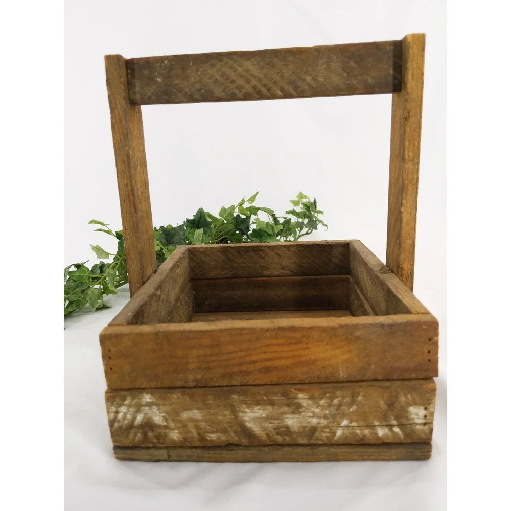 vtg Handmade Rustic Wooden Farmhouse‎ Crate Carry Basket Decor Planter Holder